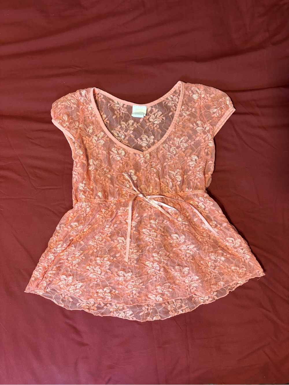 y2k lace pink babydoll top sheer floral pattern tie waist (brand Daytrip)